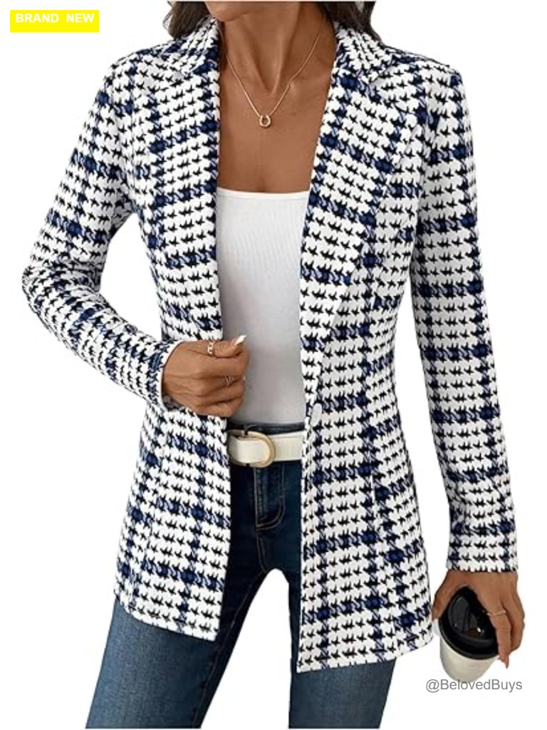 Elegant Houndstooth Print Blazer Button Front Lapel Collar Business Work Suit